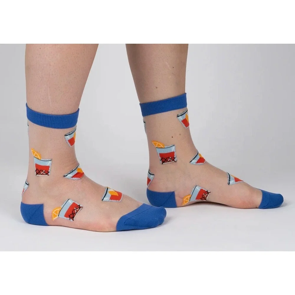SOCK IT TO ME Sheer Crew Socks Blue Negroni Cocktail Novelty Women's 5-11 NEW